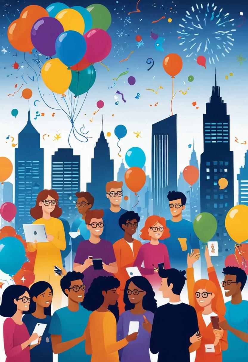 A vibrant illustration of diverse people connecting joyfully through their devices featuring symbols of RCS technology like chat bubbles and notifications. Incorporate bright colors, smiling faces, and a sense of community in a modern city background. Use playful elements such as balloons and fireworks to symbolize celebration and connectivity. The overall tone should evoke happiness and innovation. vector art. vibrant colors. white background.