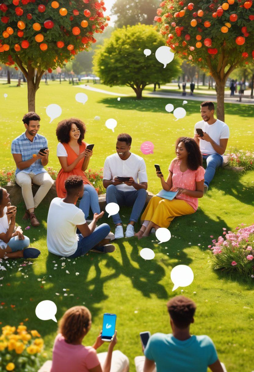 A vibrant illustration depicting a group of diverse people using their smartphones, radiating joy while engaging in cheerful conversations with animated RCS message bubbles around them. Include playful icons representing connectivity and happiness, like smiling emojis and heart symbols. The background features a bright, sunny day in a park with blossoming flowers and trees, symbolizing joyful moments. super-realistic. vibrant colors. white background.