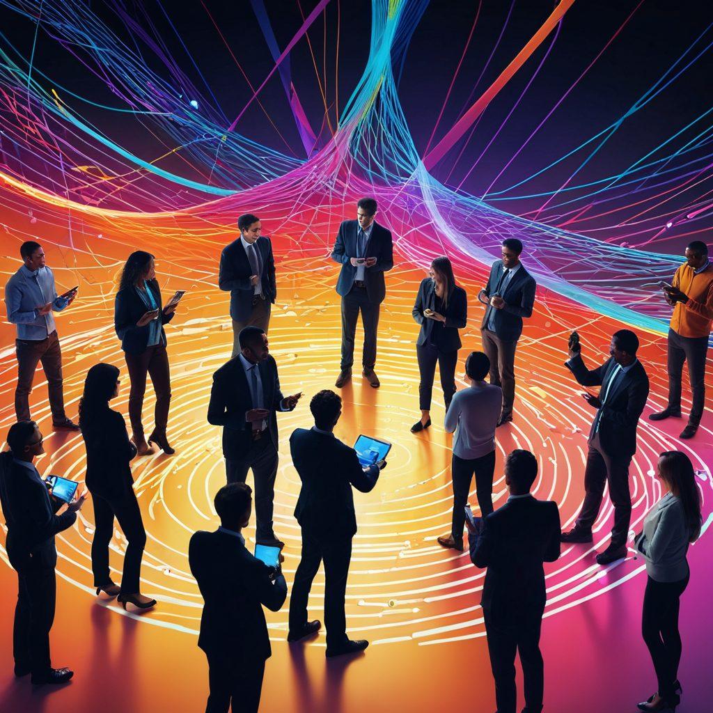 A vibrant networking scene filled with diverse people connecting through glowing digital lines, radiating warm colors and positive energy. Highlight elements like smiles, handshakes, and tech devices to symbolize innovation and happiness. In the background, abstract representations of communication and collaboration can be seen. super-realistic. vibrant colors. 3D.